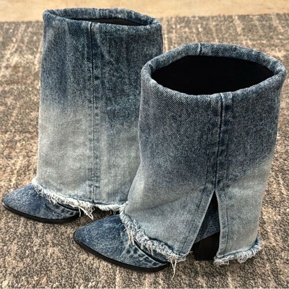 Steve Madden Women's Livvy Distressed Denim Fold-Over Cuffed Cowboy Boots 6.5 - Picture 6 of 12